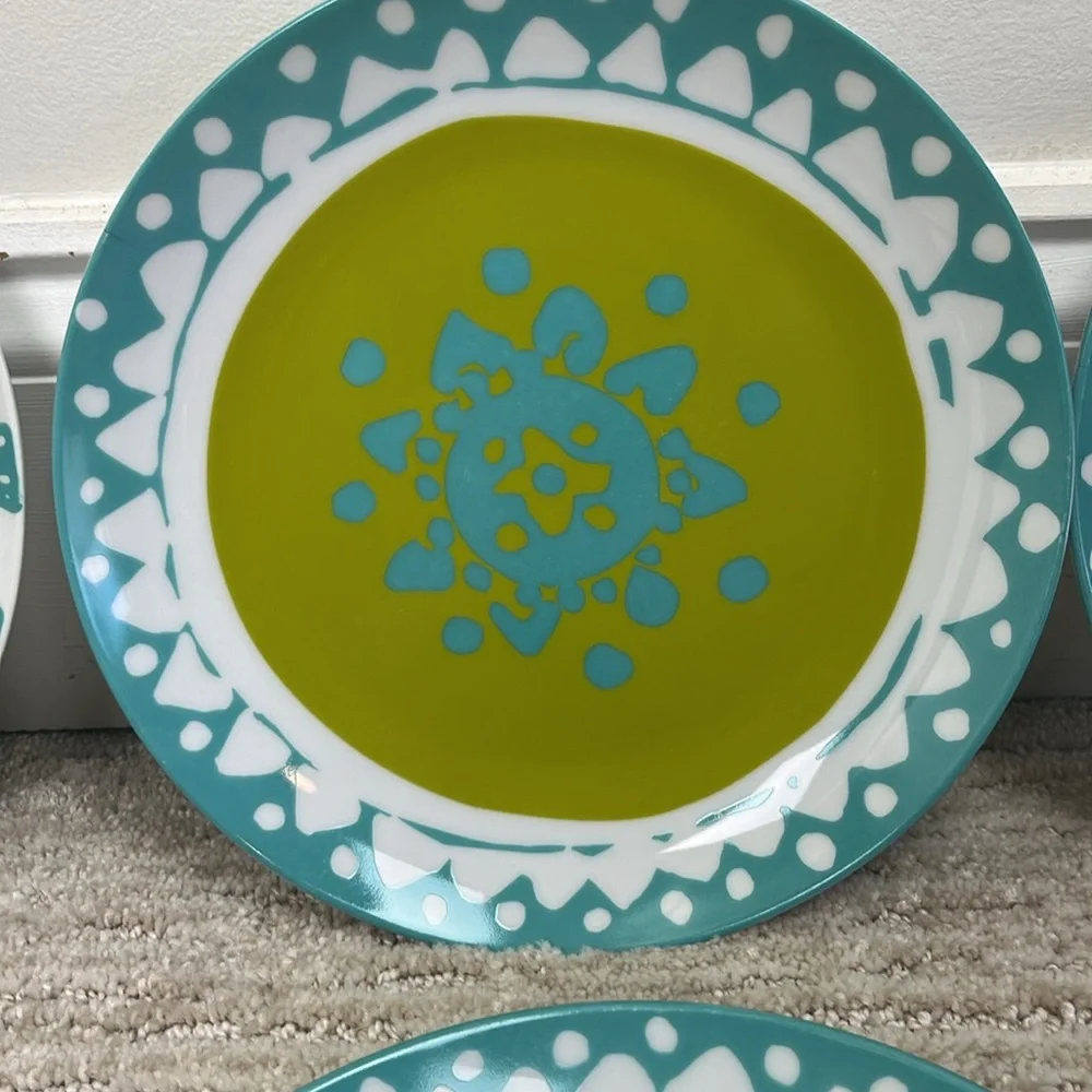 Crate & Barrel Set of 4 Coastal Fish Salad Plates 8” Blue Green